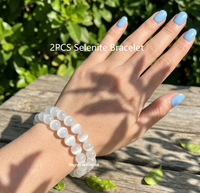 2PCS Genuine Selenite Bracelet 8mm Round Beads Crystal Healing Spiritual Jewelry