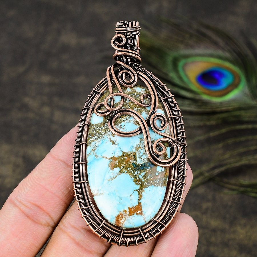 Tibetan Turquoise Gemstone Copper Wire Wrap Jewelry Pendant 3.59 Gift for Her V7