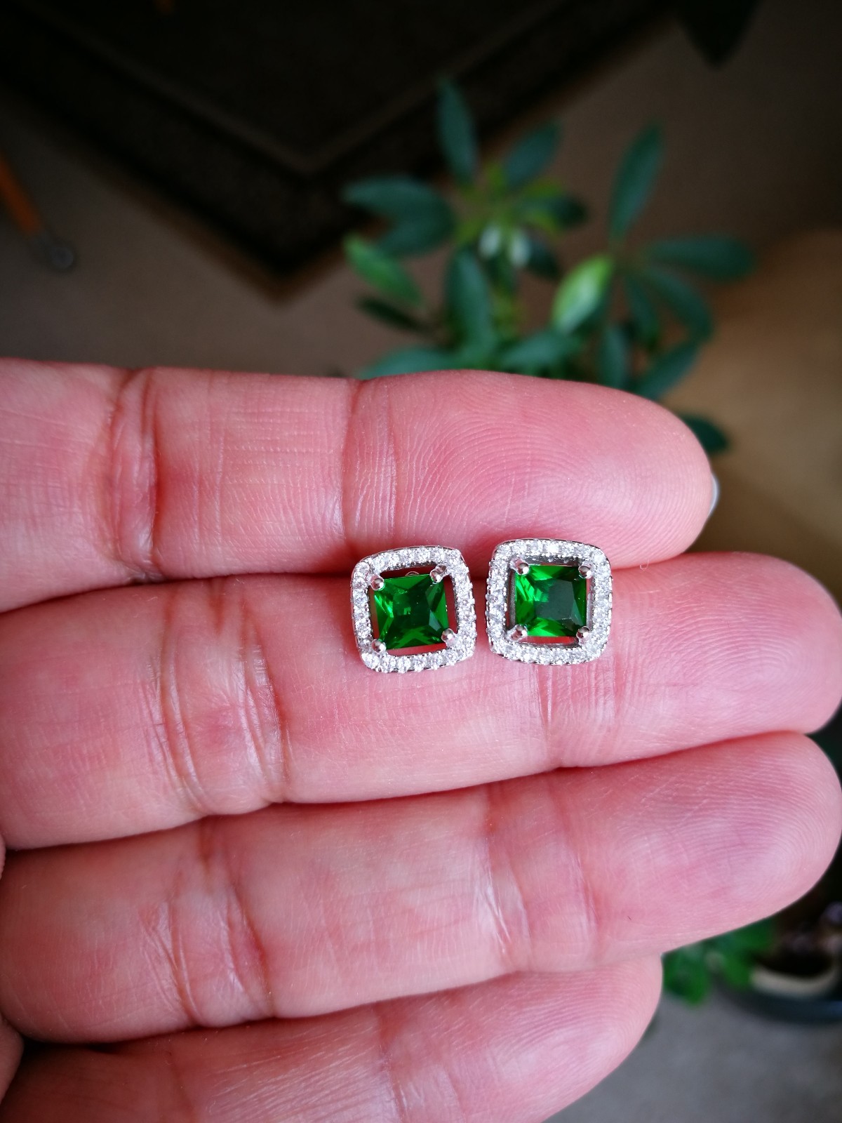 2 Ct Simulated Diamond Halo Stud Earrings with Simulated Emerald 14K Gold plated