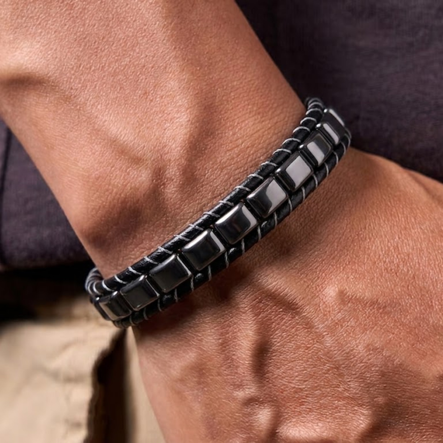 Natural Hematite Bracelet Mens Black Leather Braid Magnetic Healing Jewelry 8″