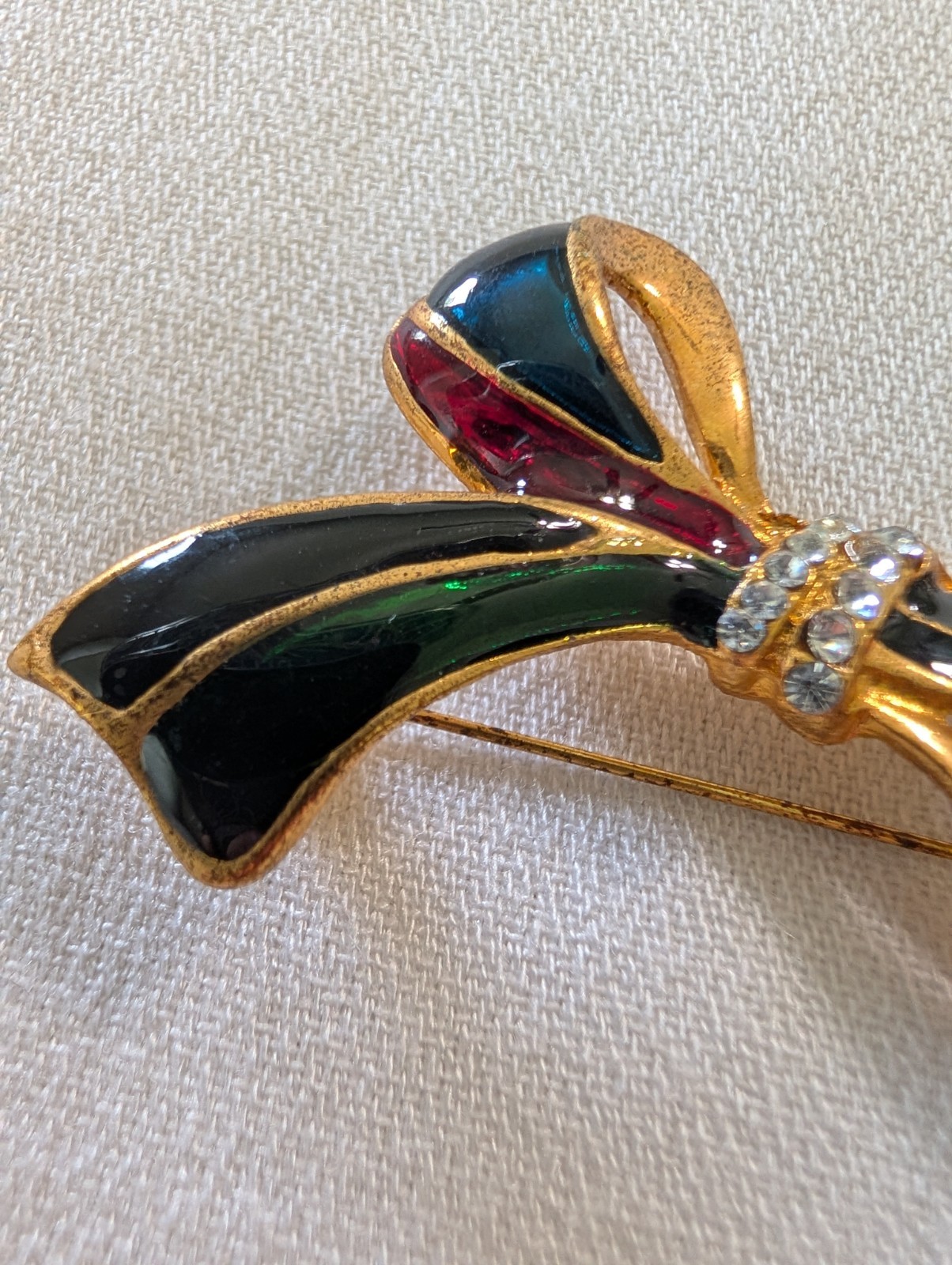 Gold Tone Enamel Bow Brooch w/ Rhinestone Center, Black Red Blue Green