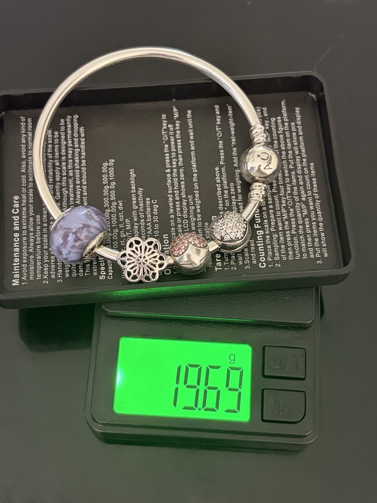 Pandora Sterling Silver Bangle Bracelet w Murano Glass & Charms 925 ALE
