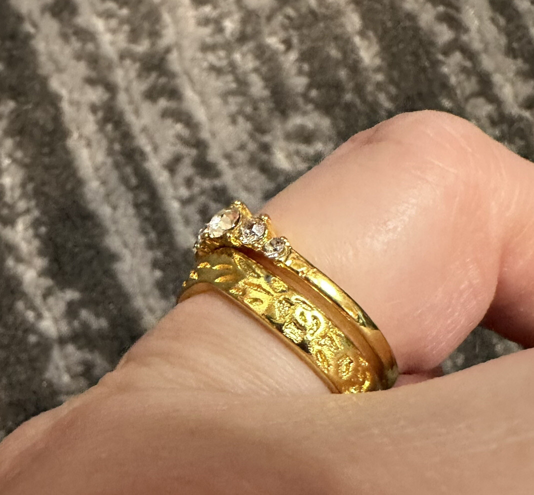Ring Set CZ Stackable Sz 8 Eternity Band Gold Plated Engraved Flowers 2 pcs New