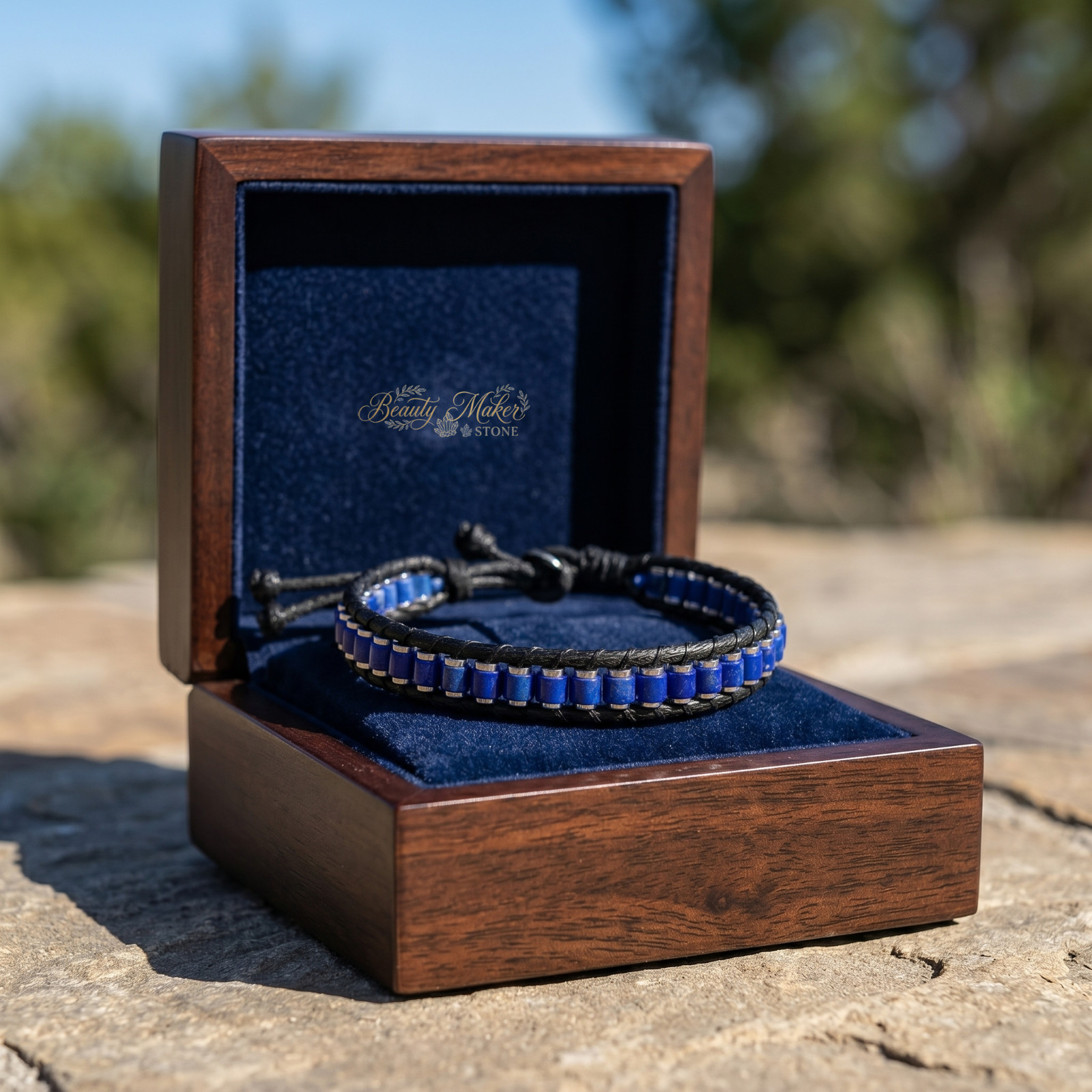 Lapis Lazuli Leather Bracelet Mens Genuine Stone Vintage Jewelry Wisdom Gift