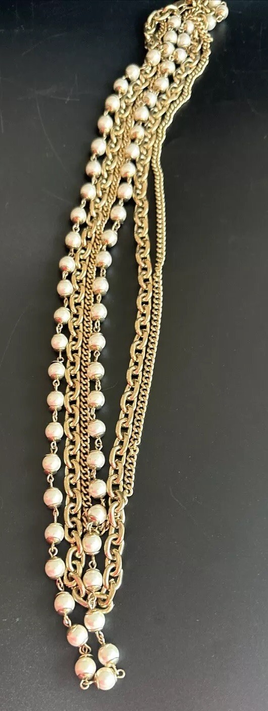 Ann Taylor Gold Plated Pearl Layered Chains Necklace Massive Long 30in. 20mm