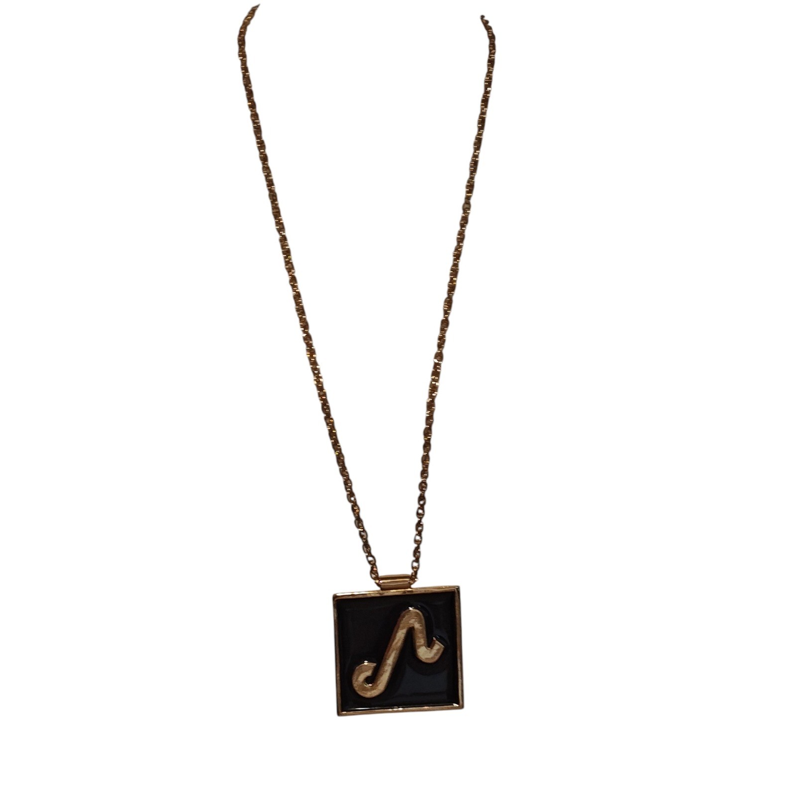 VTG Celebrity Gold Tone Leo Zodiac Sign Square Pendant Necklace Black Enamel