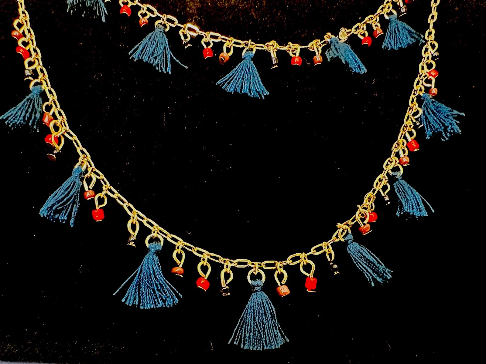 Double Layer Tassel Necklace Gold Tone Beaded Chain Lobster Clasp