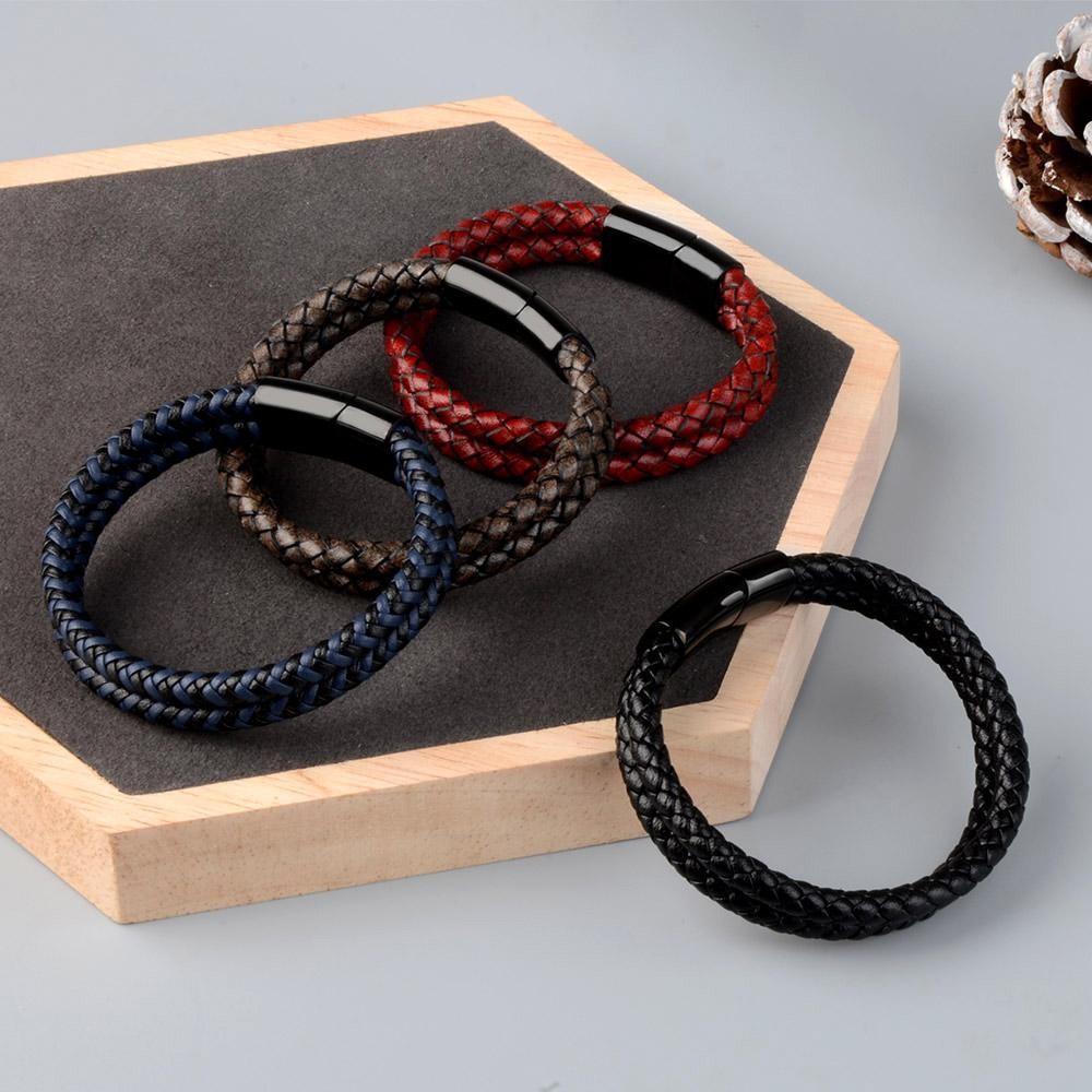 Genuine Leather Double Rope Braid Bracelet with Stainless Steel Magnetic Clasp