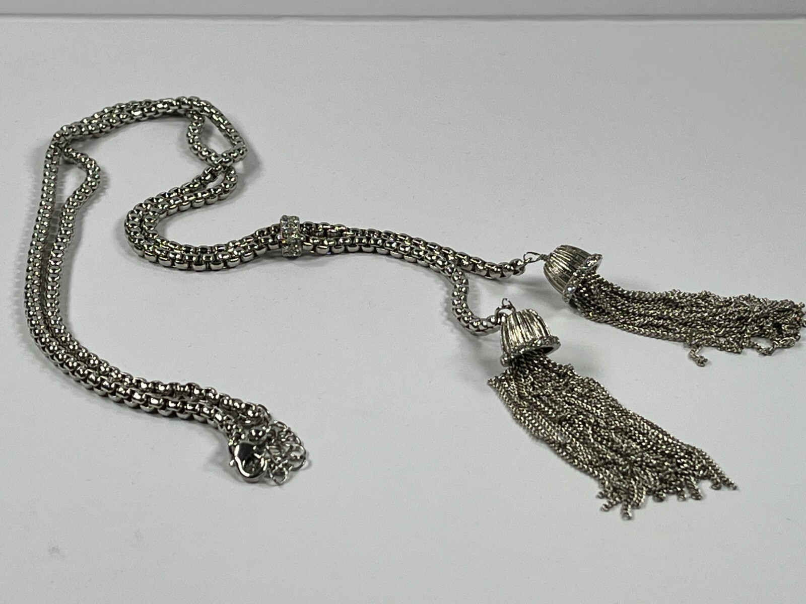 Silver Tone Tassle 19″ Necklace with Rhinestones