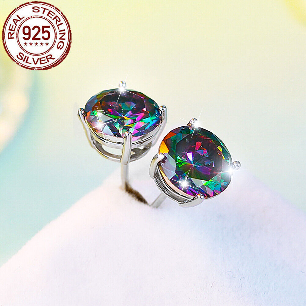 Stud Earrings 925 Silver Mystical Rainbow CZ Big Gem Solitaire Prong for Ladies
