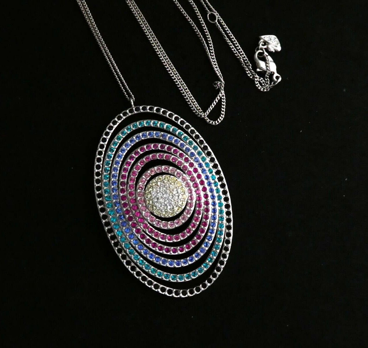 Swarovski Palladium Plated Large Oval Rainbow Crystal Studded Pendant NECKLACE