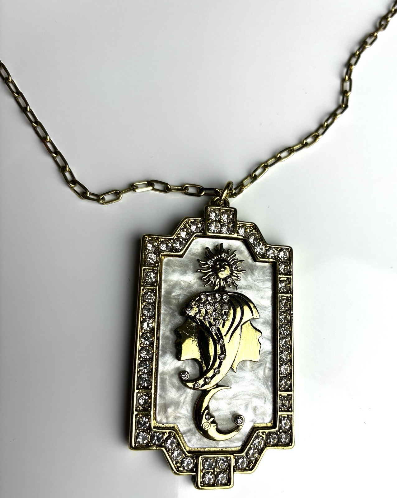 Gemini Zodiac Celestial Pendant Necklace Gold Tone Mother of Pearl Rhinestone
