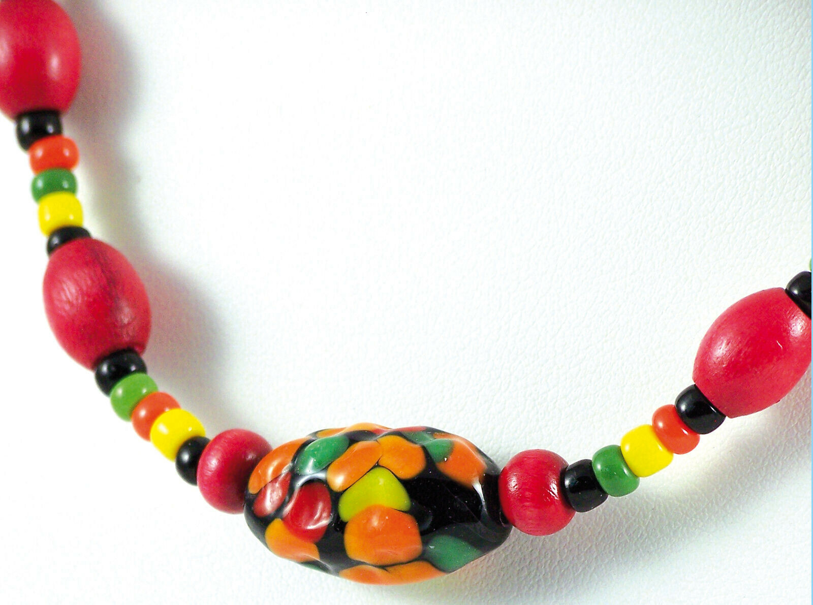 Necklace 24″ Mix Art Glass, Wood, Plastic Bead Red Yellow Black Green Orange