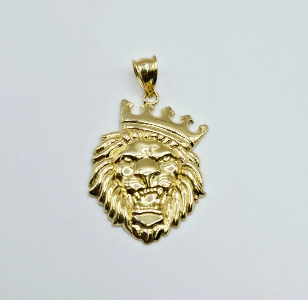 10K Yellow Gold Diamond Cut King Crown Lion Head -Lion King Pendant/Charm
