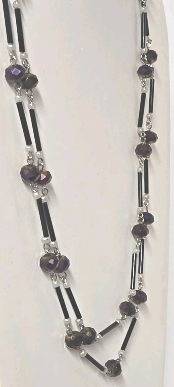 Faceted AB Rhinestone Purple Reflective Glass Black Bar Link Flapper Faux Pearls