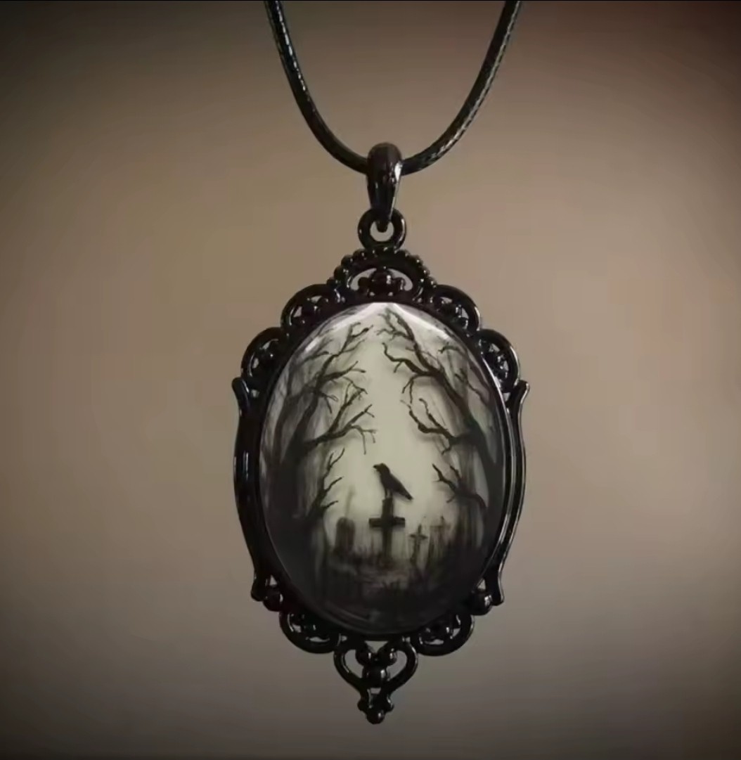 Gothic Oval Amulet Pendant Necklace Black Cord Multicolor Bezel Setting