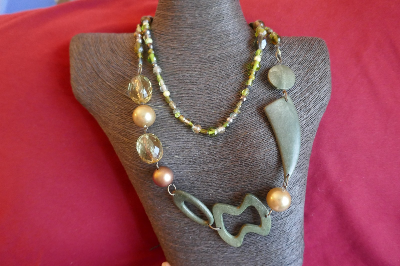 40″ Long Necklace Green Copper Gold Large Abstract Shapes Acrylic & Glass Beads