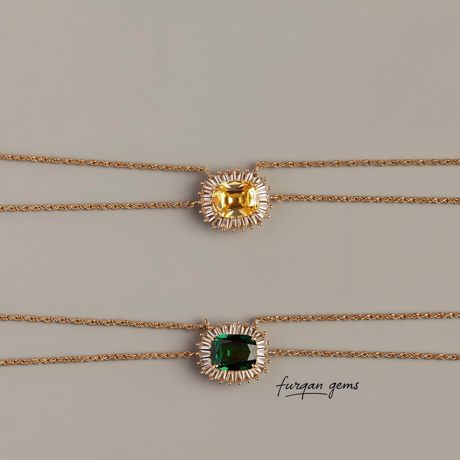 Radiant Cut Yellow CZ Silver Pendant Necklace , Halo Pave Split Shank Pendant.