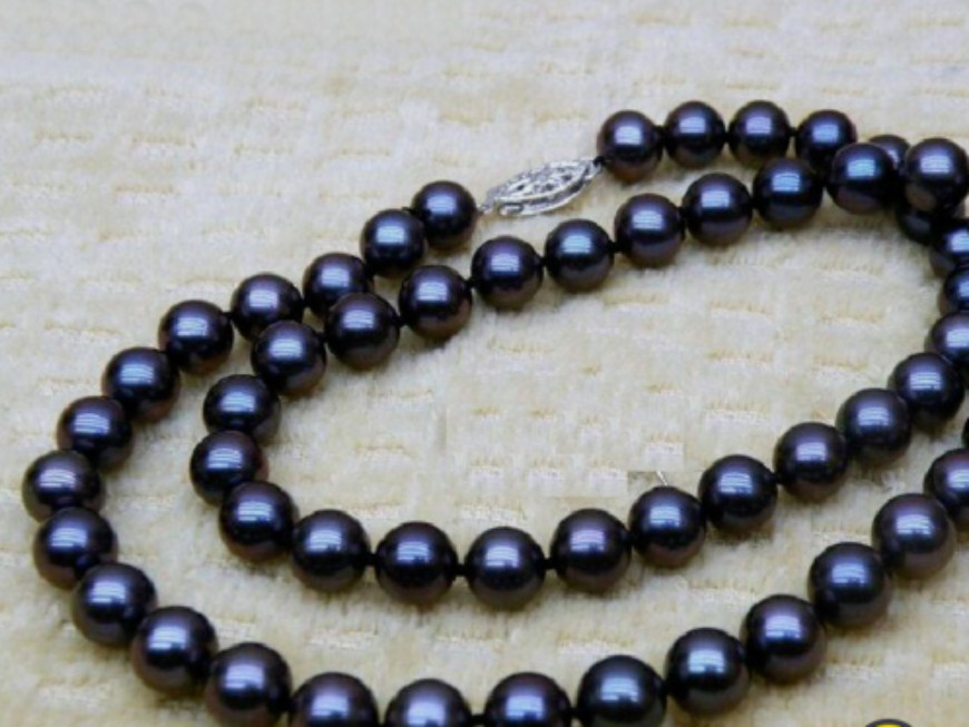 Charming AAA 7-8mm real natura black south sea pearl necklace 18inch 14k Gold