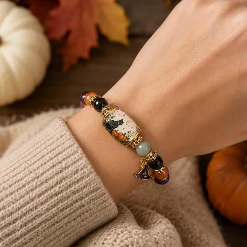 2026 Halloween Beaded Stretch Bracelet Witch Hat Cat Pumpkin Charm Gift Women