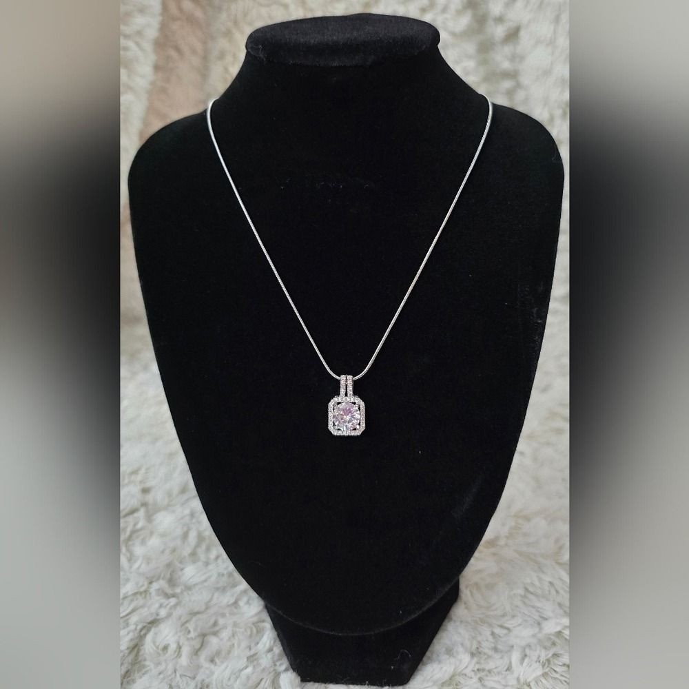 Elegant Stainless Steel White Gold Overlay Cubic Zirconia Pendant Necklace NWOT