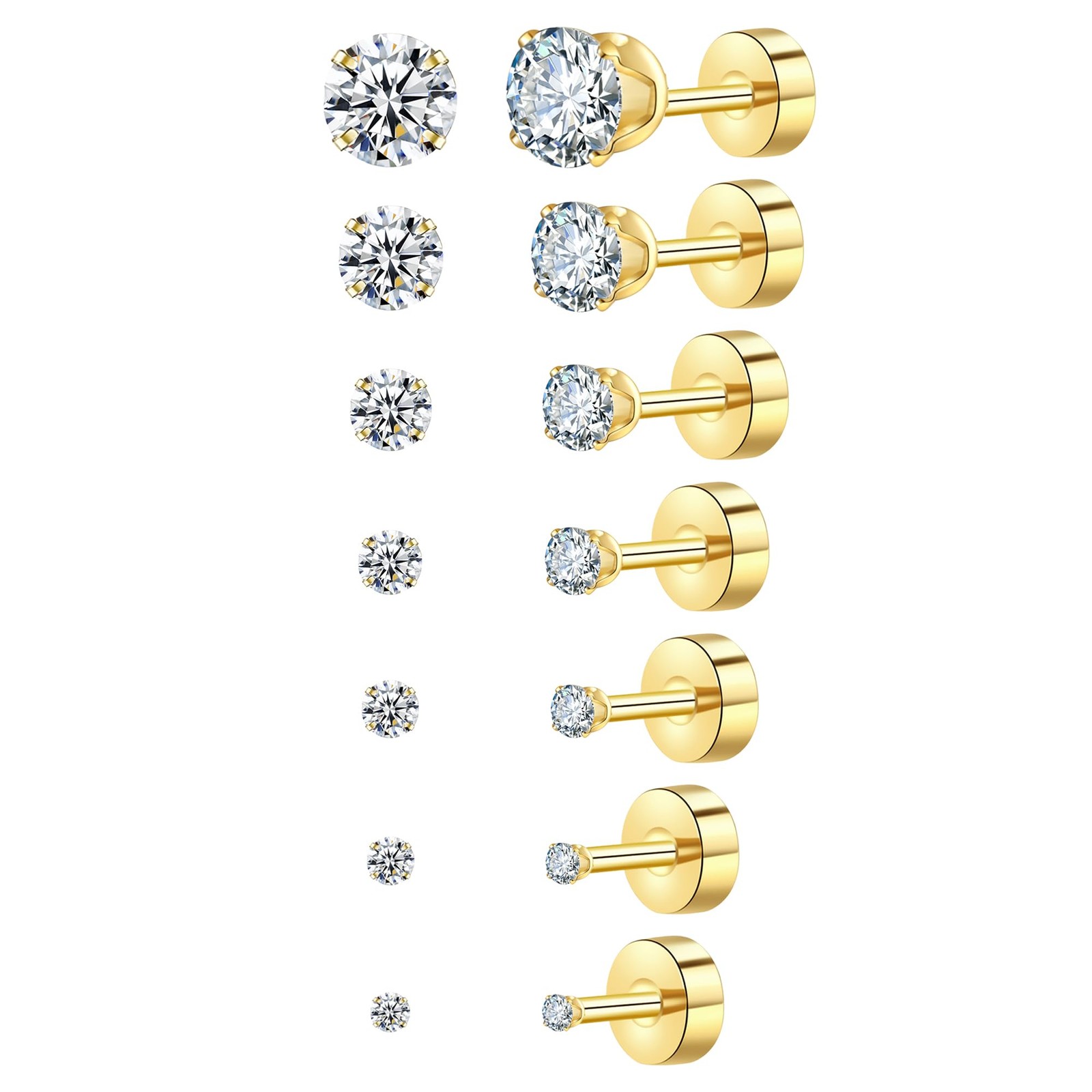 2mm 3mm 4mm 5mm 6mm 7mm 8mm, 7 Pairs Gold Plated Cubic Zirconia Stud…