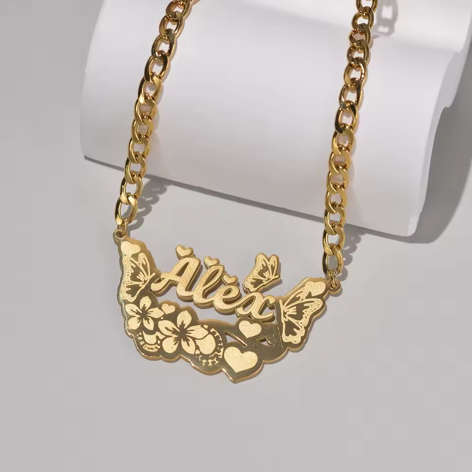 Custom Name Necklace Hearts Flower Butterfly Plants Cuban Chain Jewelry Silver