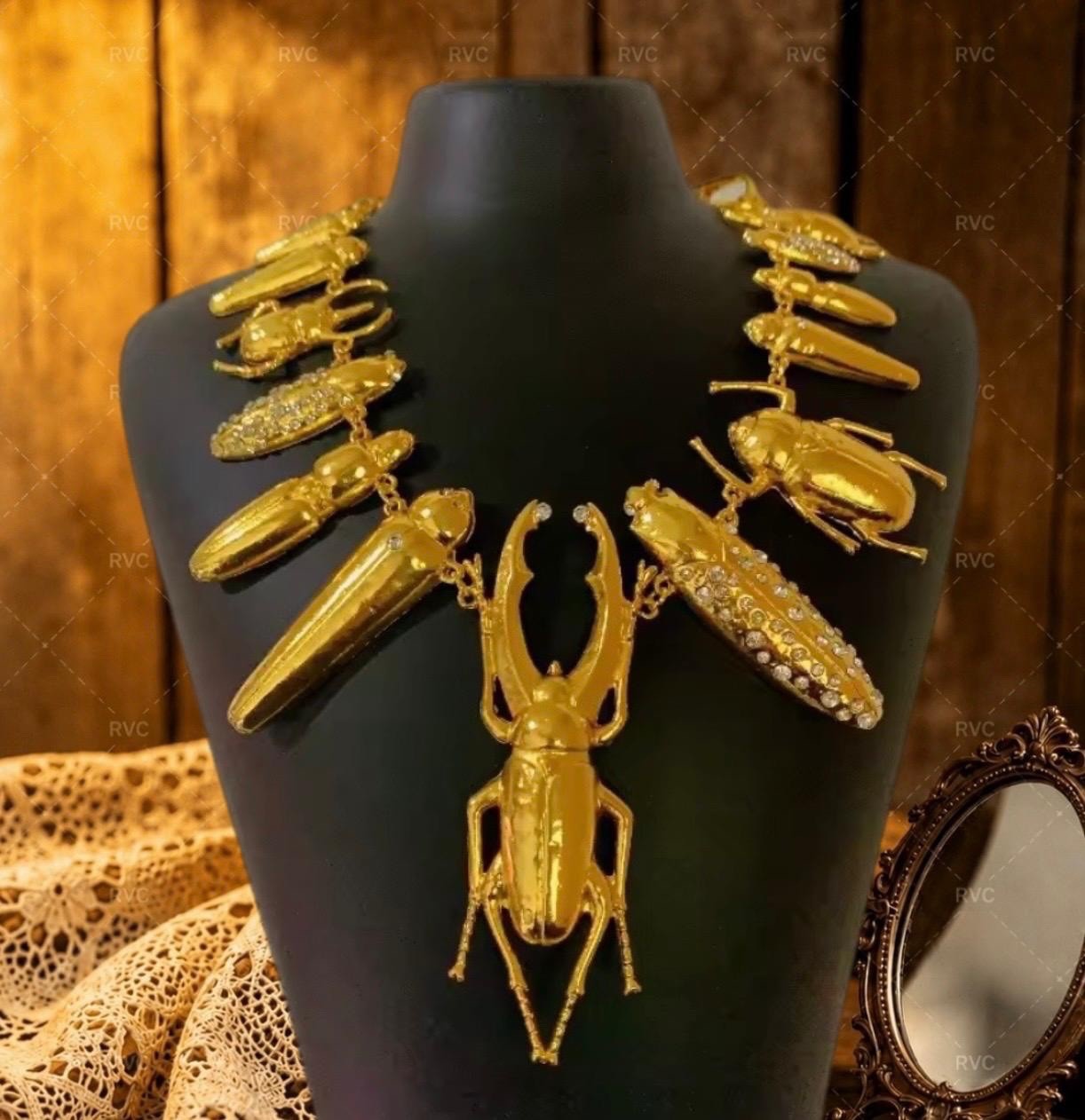 Gold Plated Beetle Pendant Necklace Surrealist Statement Chunky Insect Art Piece