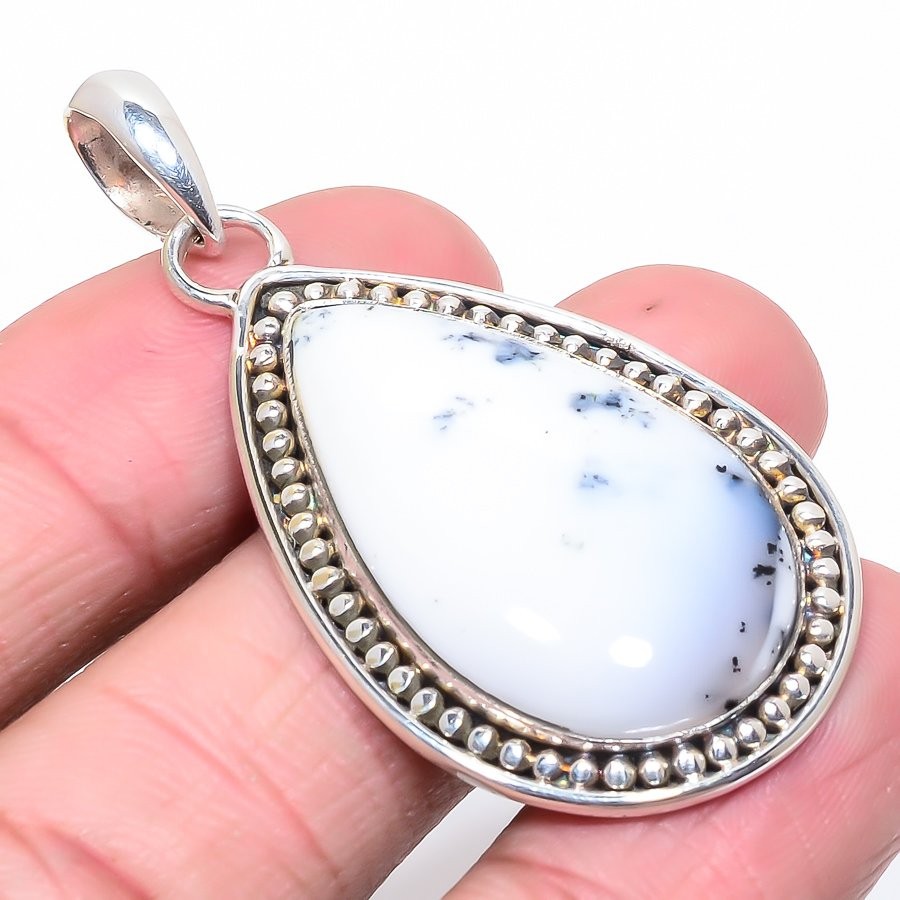 Dendritic Opal Ethnic Gemstone 925 Silver Plated Pendant 2.15″ T10