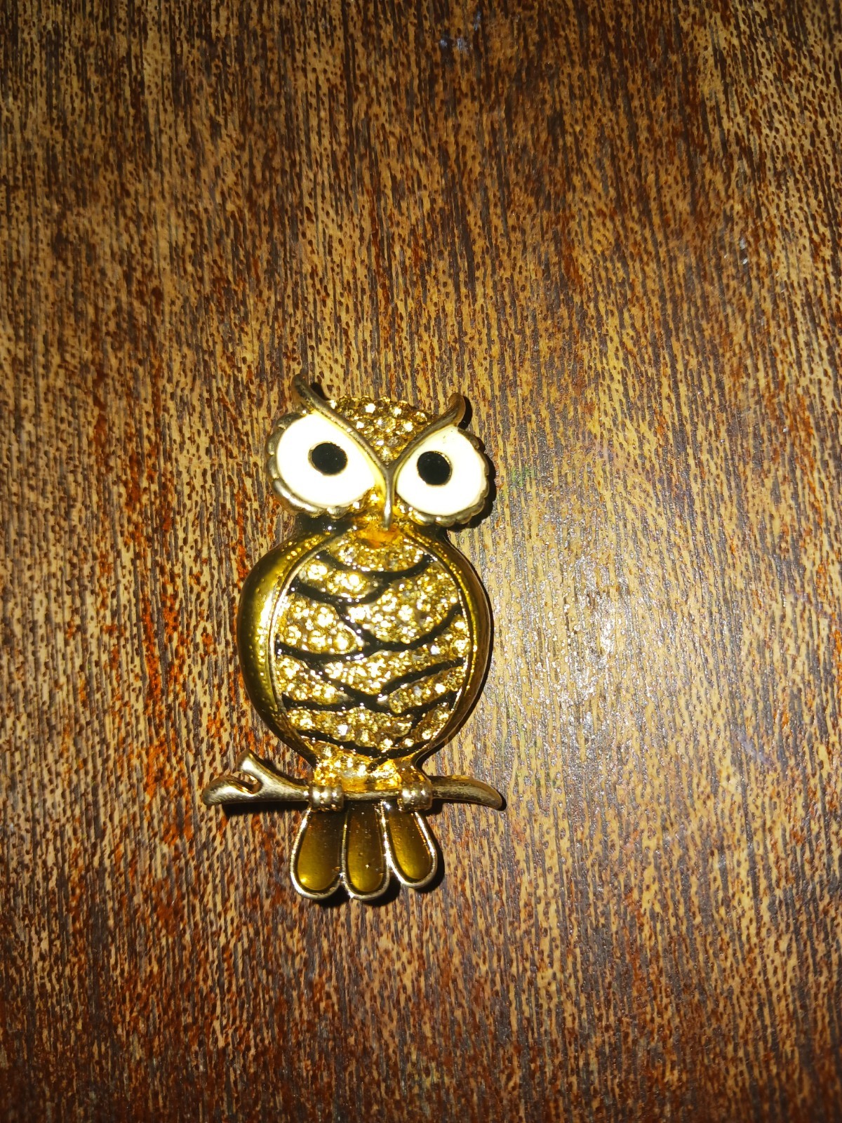 Vintage Gold Tone Enamel Rhinestone Owl Brooch