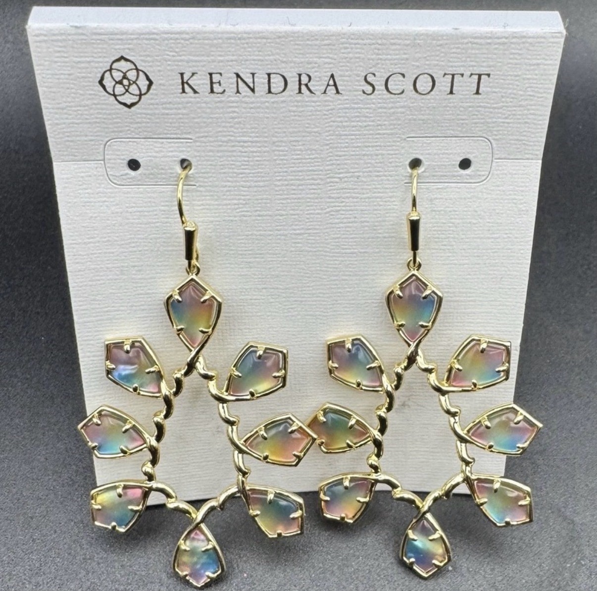 Kendra Scott Gold Statement Earrings in Iridescent Rainbow Glass | Rare/Retired