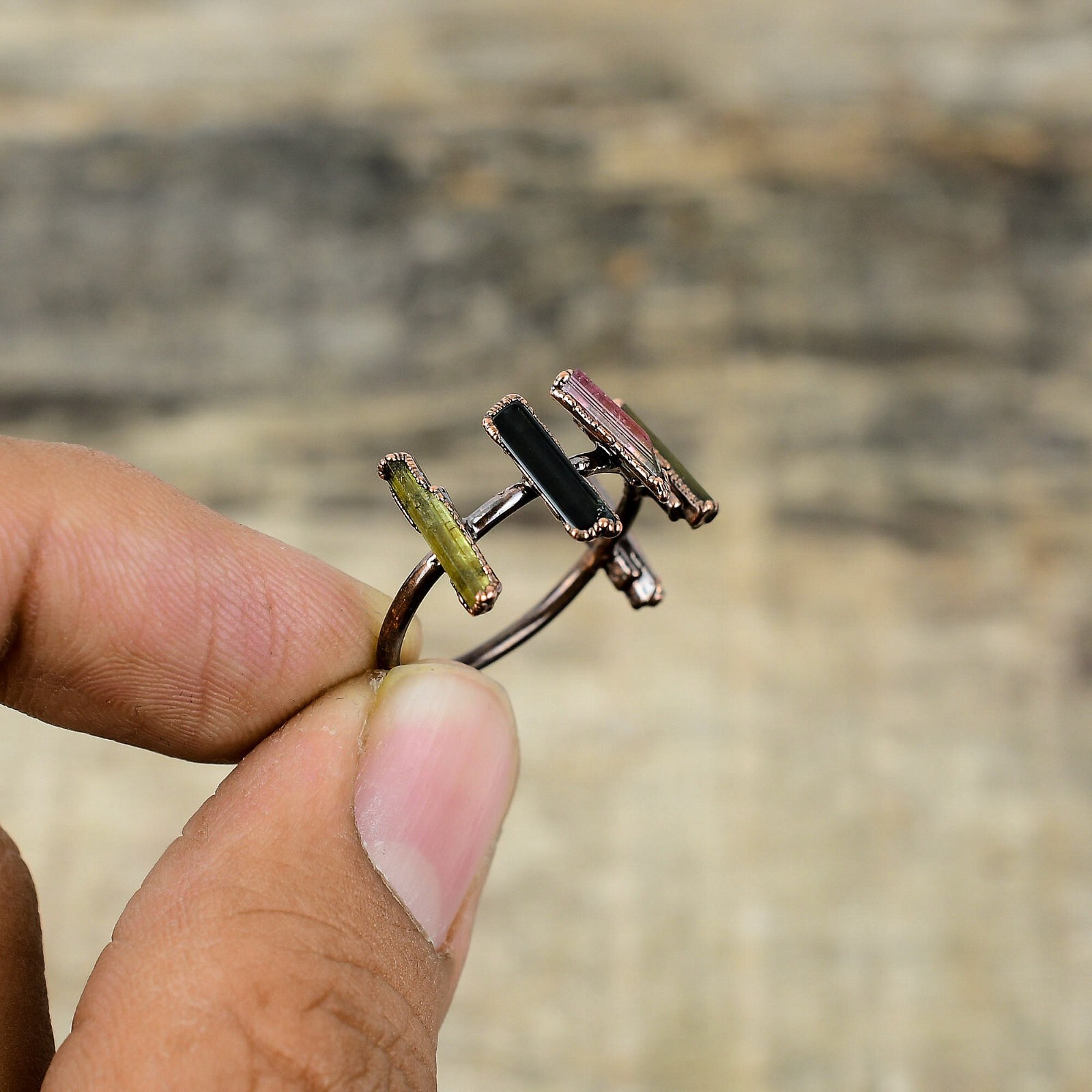 Multi Tourmaline Rough Electroformed Adjustable Ring Size Adjustable Copper