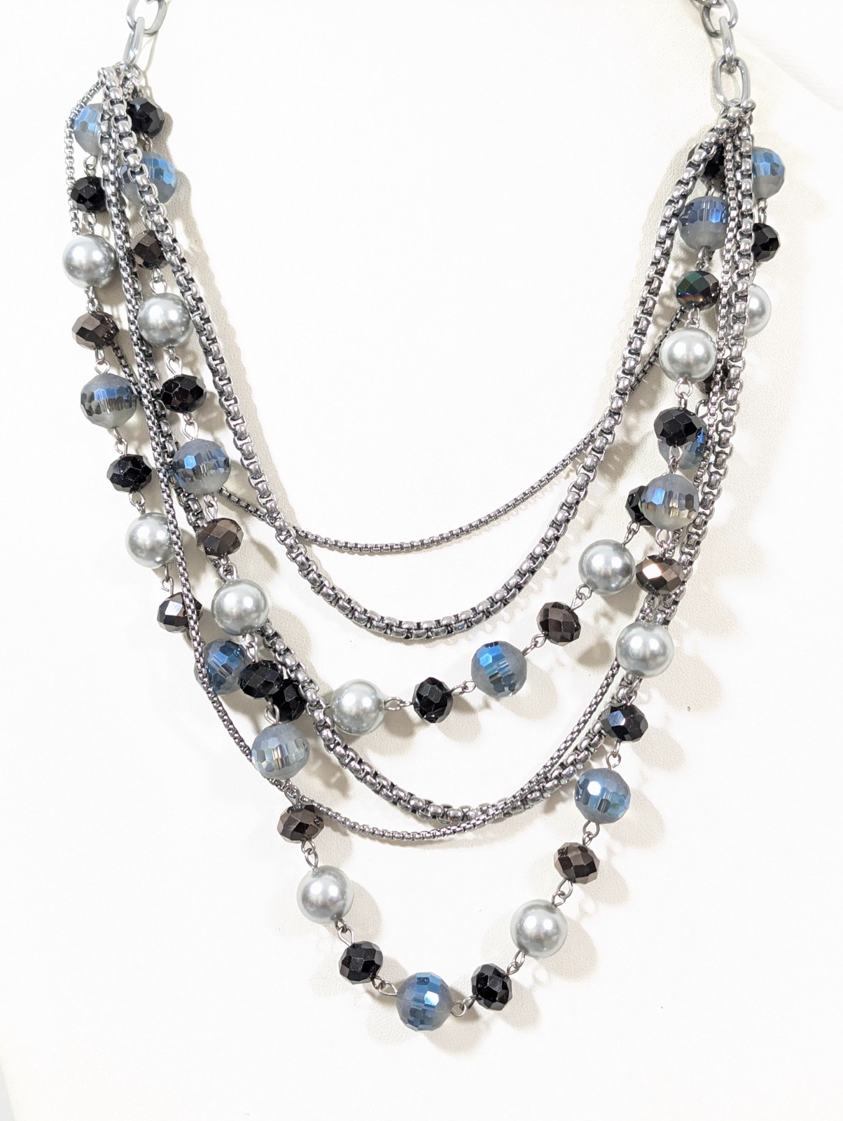 Layered Silver Tone Statement Necklace Multi Strand Gray Beaded Chain Bib 20″
