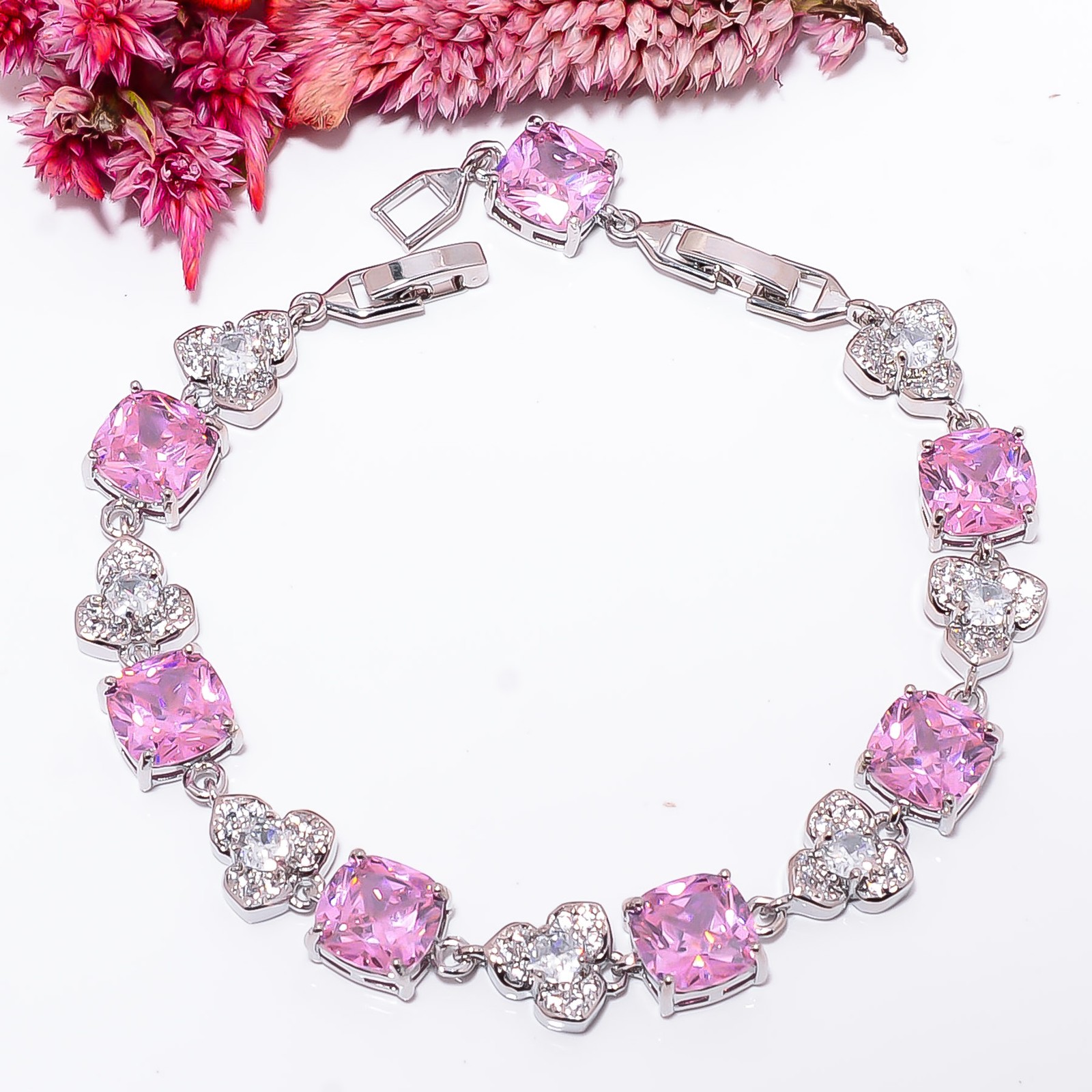 Pink Kunzite, CZ 925 Sterling Silver Adjustable Bracelet 7-8″ B14212