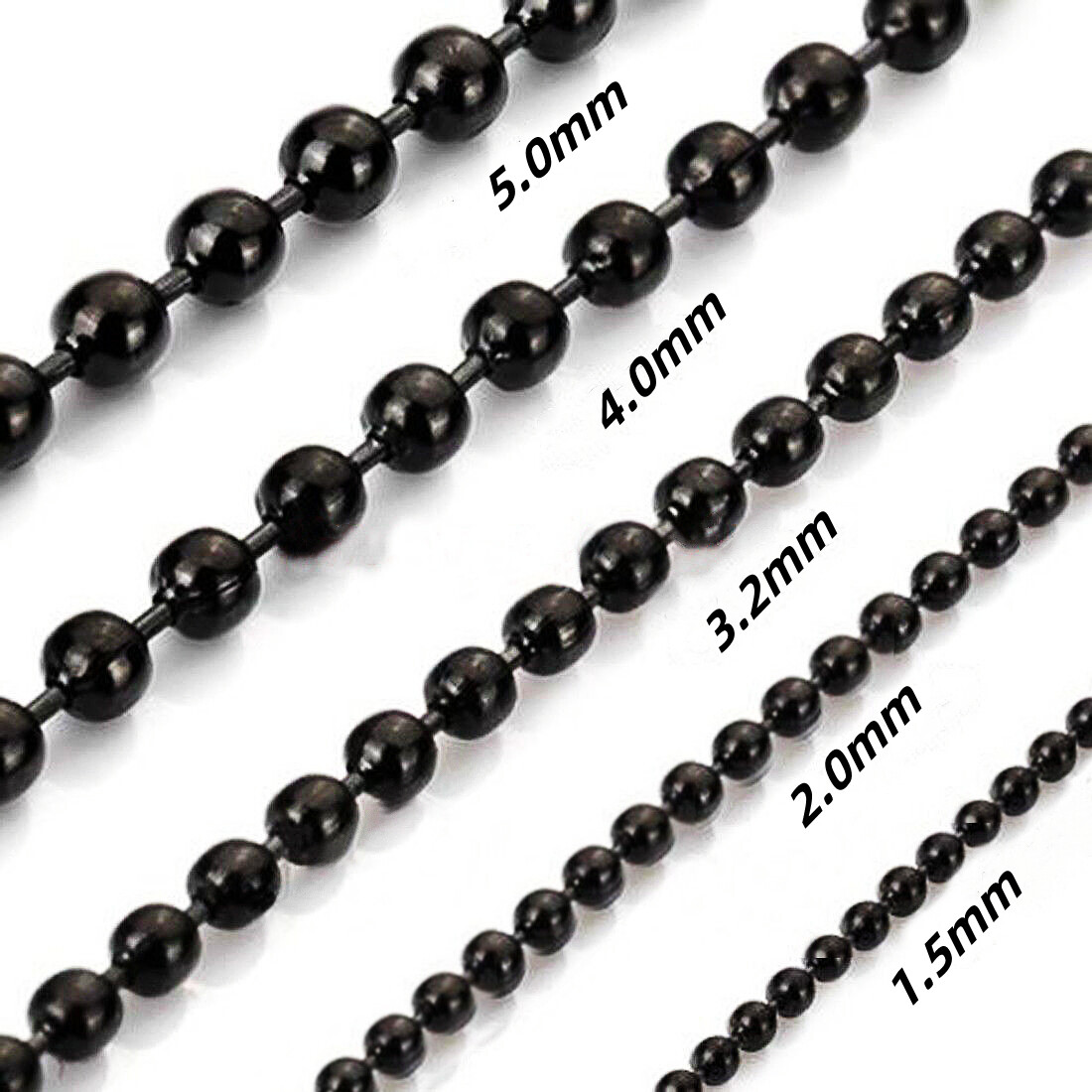 1.5-12mm Charm Women Men Black Ball Bead Chain Stainless Steel Necklace 7”-40”