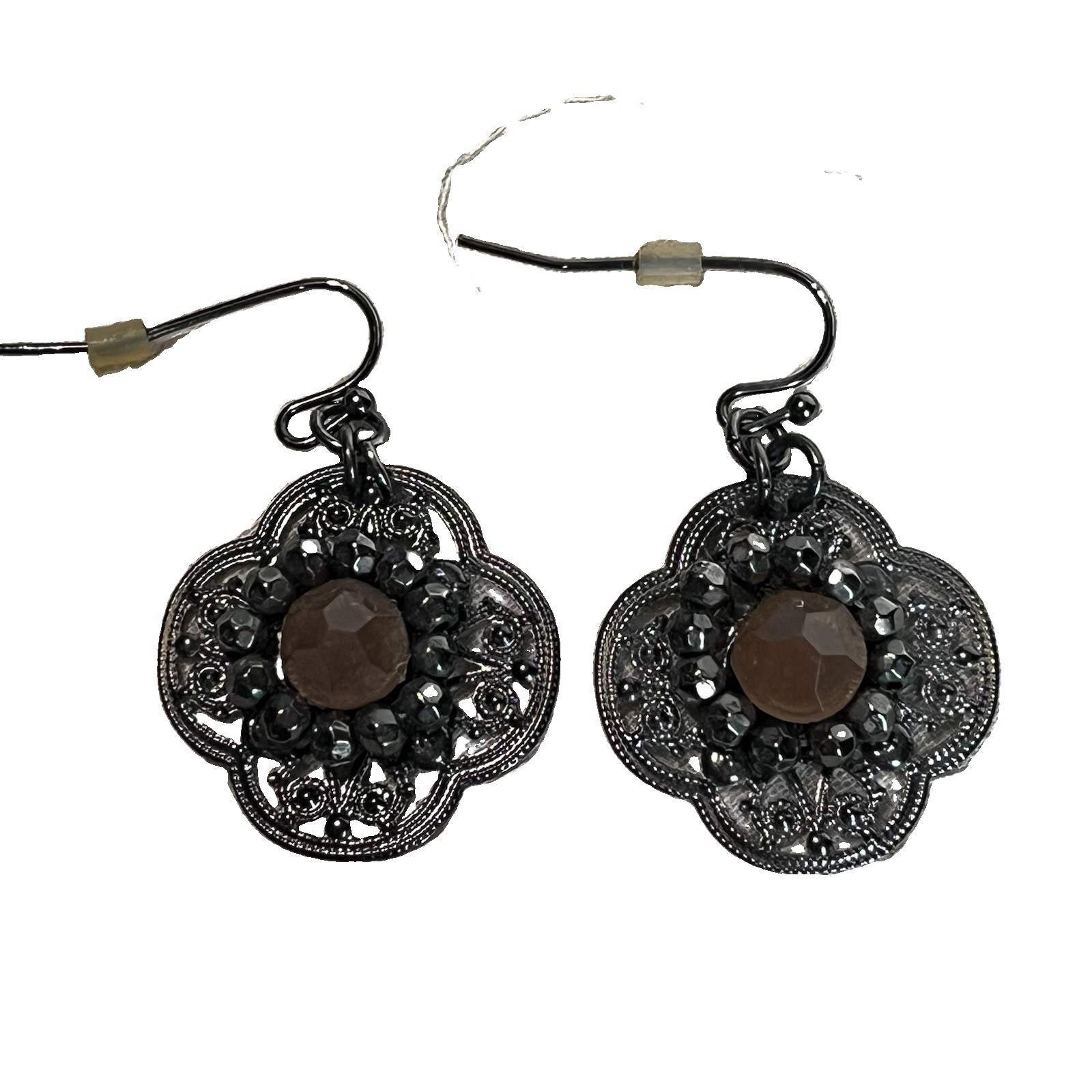 Gunmetal Tone Filigree Medallion Earrings Pendant Dangle Drop Pink & Gray Stones