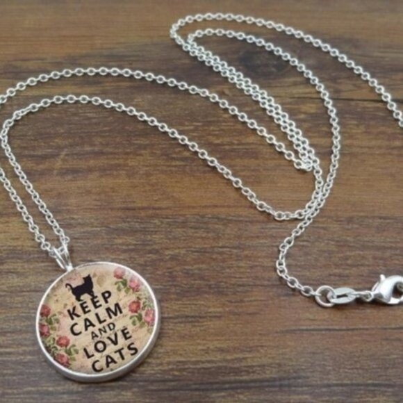 Silver Necklace Keep Calm Love Cats Glass Dome Floral 23.6″ Novelty Pet Lover