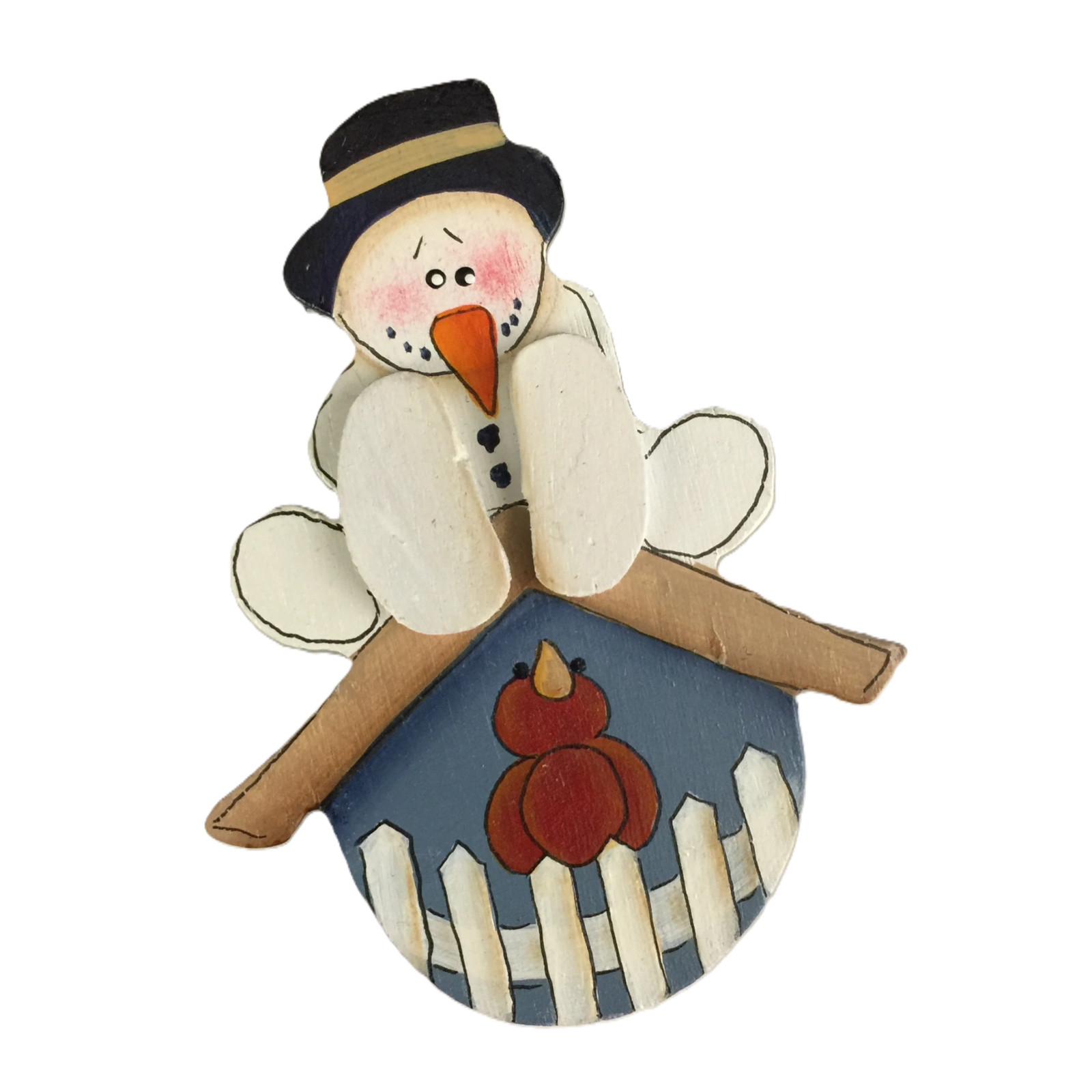 Brooch Christmas Pin Snowman Cardinal Wooden Hand Painted Locking Bar Back VTG