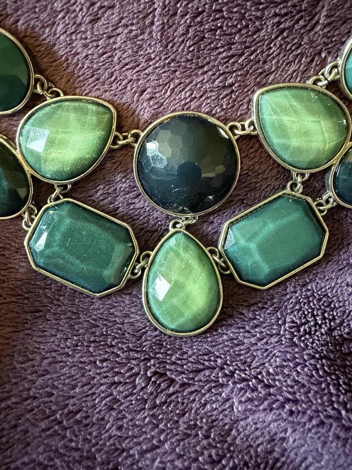 Boho Vintage Green Statement Necklace Chunky Silver Tone Bib Pendant