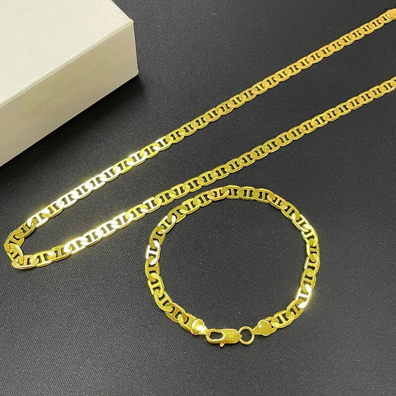 925 Sterling Silver 6mm Fashion Chain Jewelry Set Women Bracelet Necklace Set