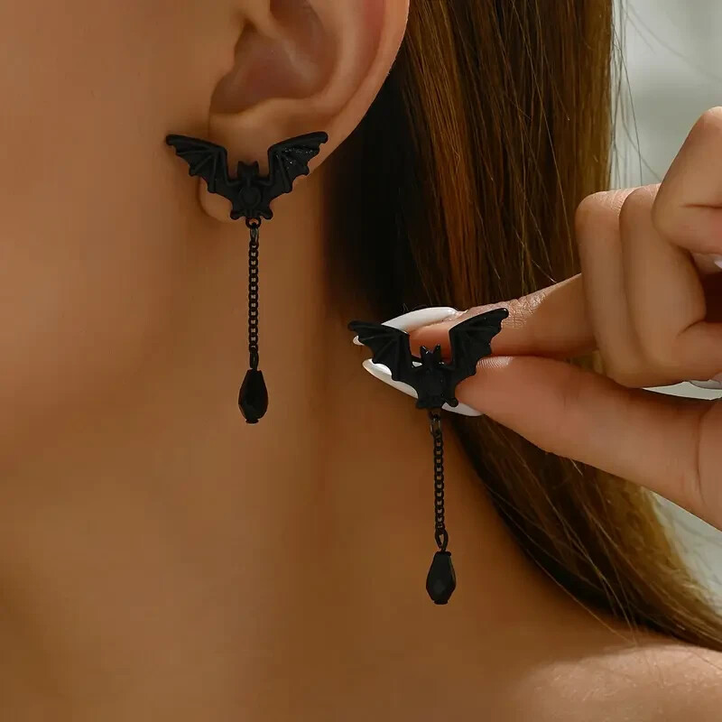 Gothic Punk Black Bat Stud Dangle Earrings Fashion Jewelry Halloween Party Gift