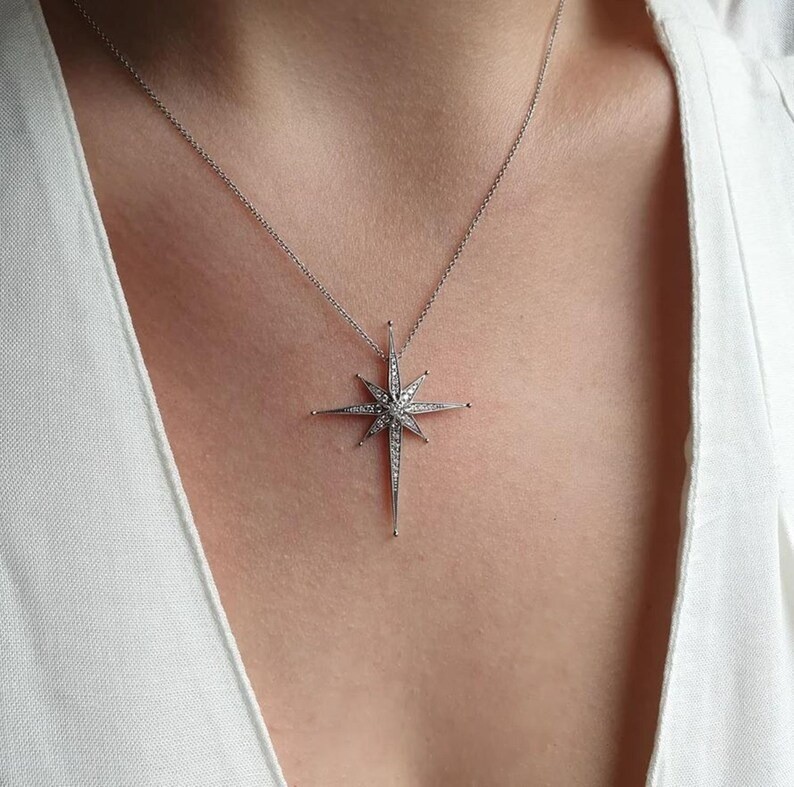 Antique North Star Pendant Silver Celestial Round CZ Wedding Necklace for Her