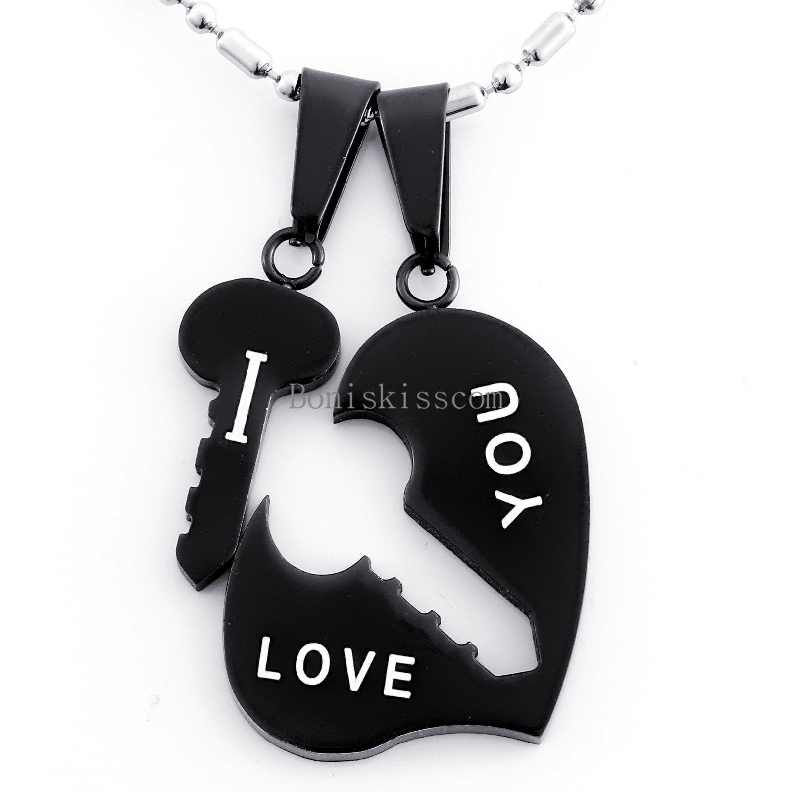 Stainless Steel Couples Key to Heart Pendants “I Love You” Love Necklace 1 Pair