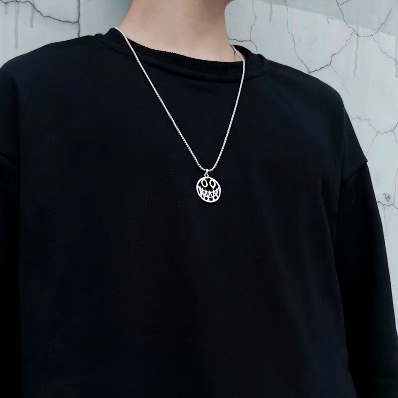 Mens Womens Silver Evil Smile Face Pendant Necklace Punk Gothic Jewelry 24″