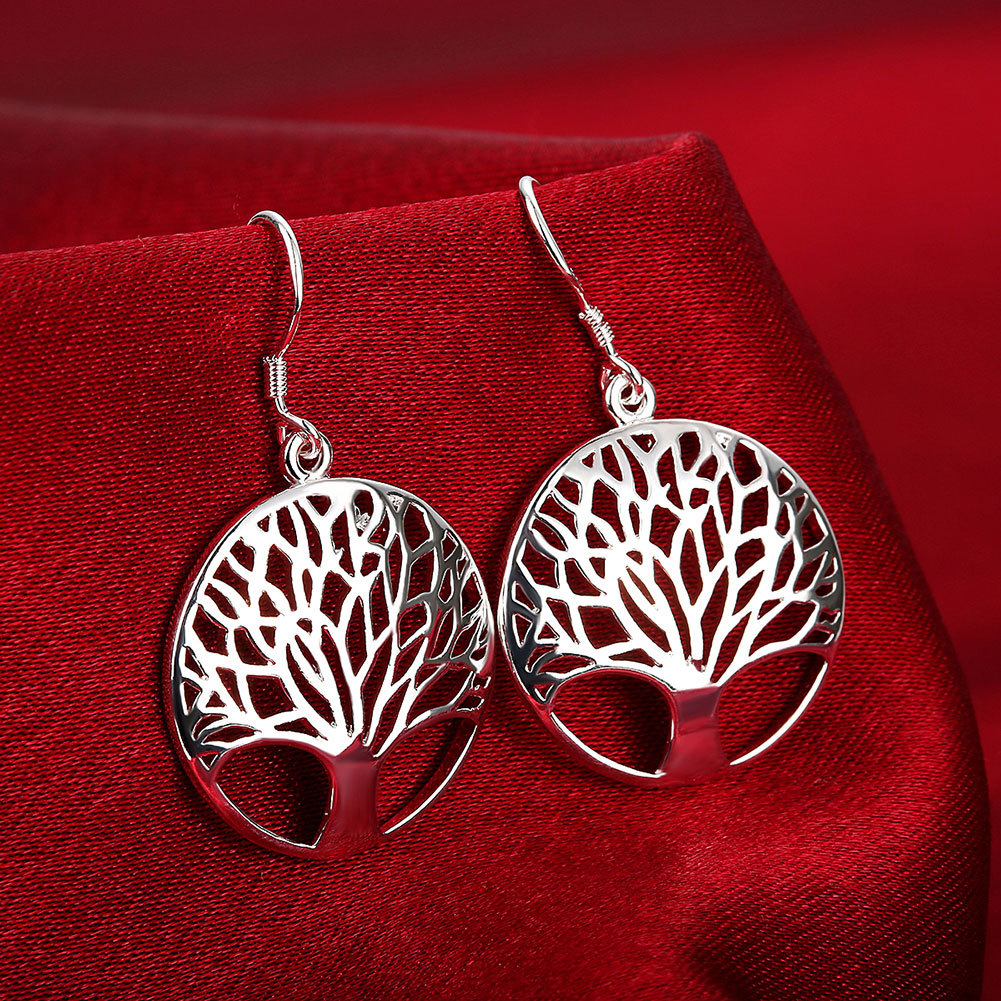 Sterling Silver Plated Earrings Drop Dangle Fish Hook Tree Of Life .96″ L407