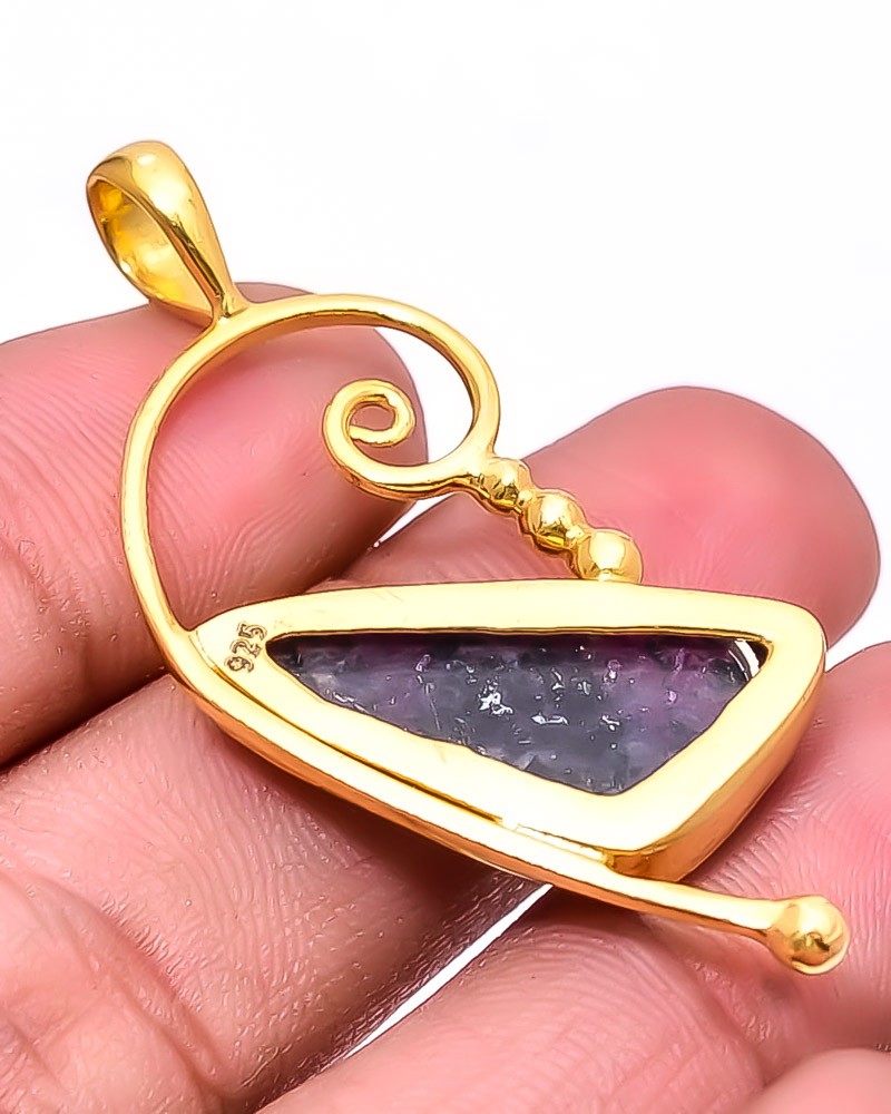 Ruby Simulated Hornblende Gold Plated 925 Sterling Silver Pendant 1.95″ P30