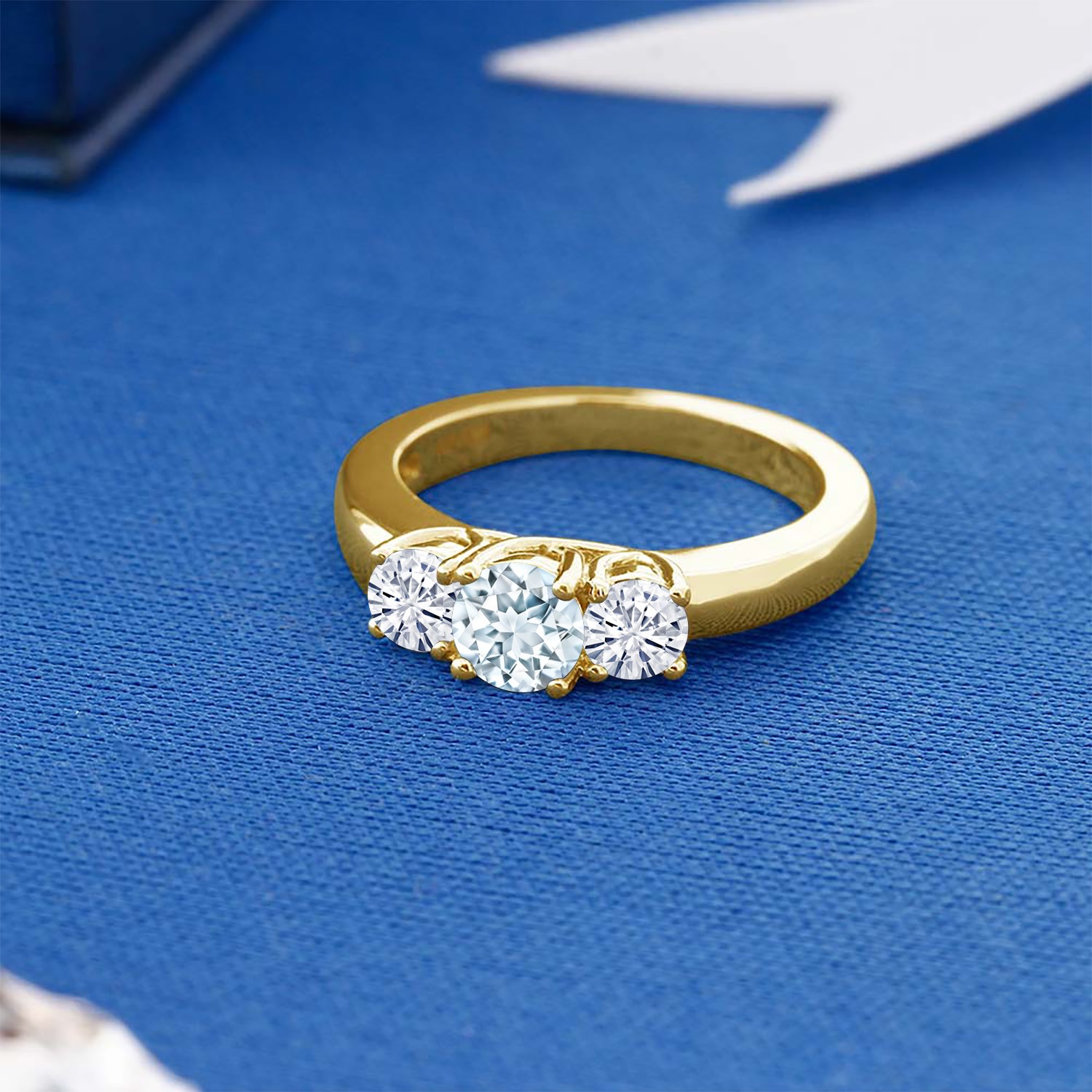 18K Yellow Gold Plated Silver Ring Round Aquamarine Moissanite (0.96 Cttw)