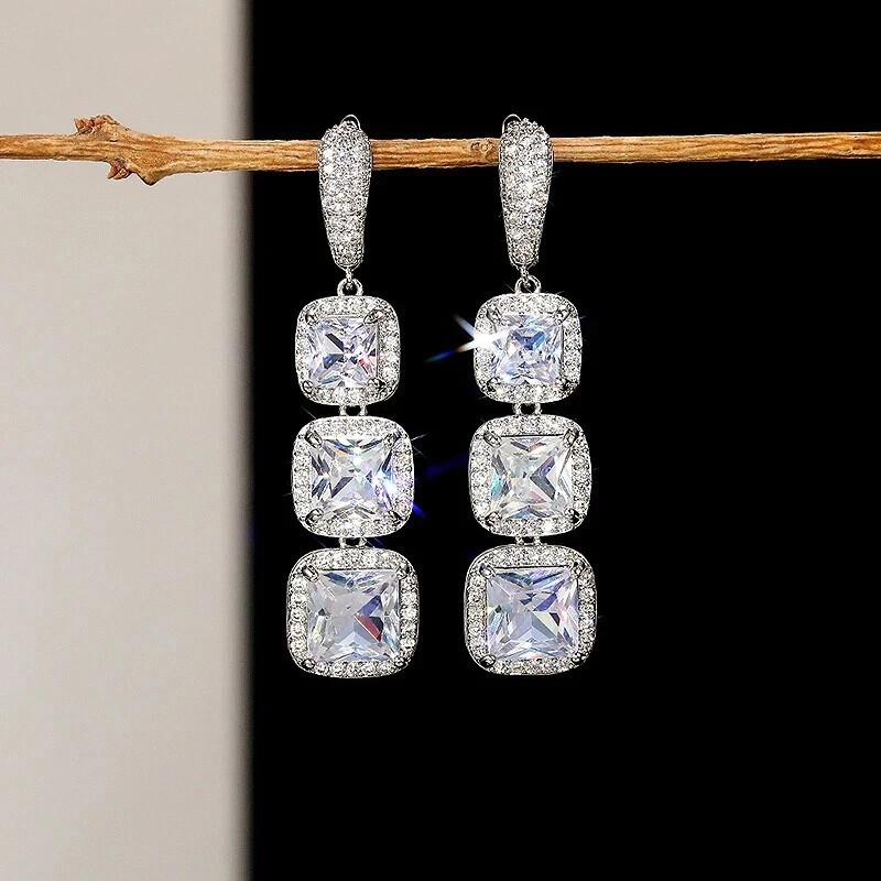 Drop & Dangle Earrings 14K White Gold Plated 3Ct Princess Cut Simulated Diamond