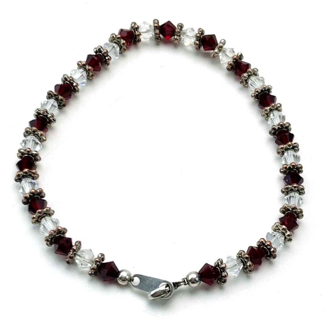 Sterling Silver Red Clear Glass Bicone Bead Bracelet 7.25″