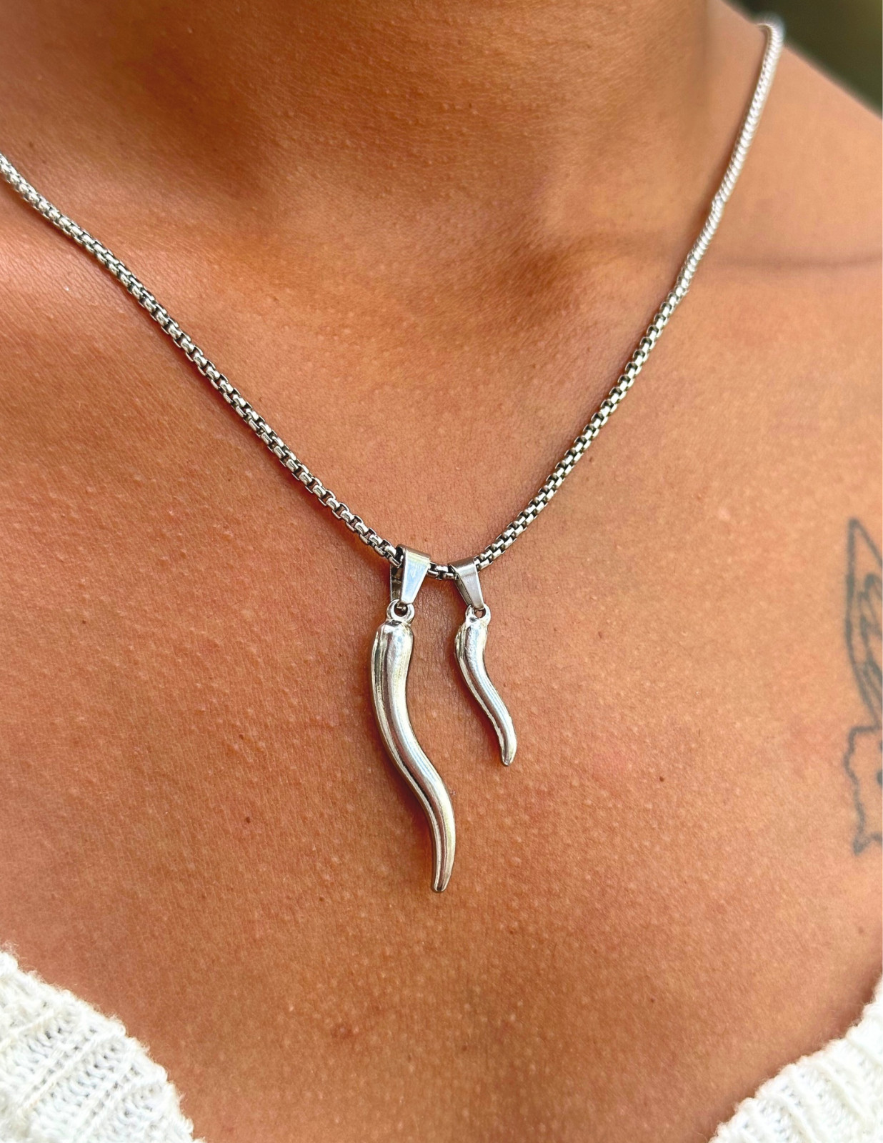Italian Horn Charm Mano Cornuto Cornetto Pendant Stainless Steel Silver Necklace
